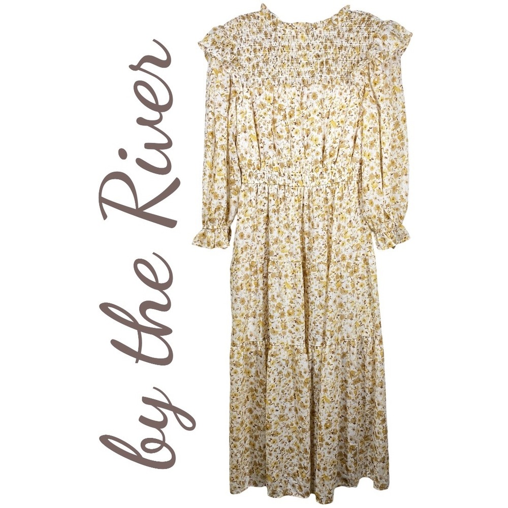 By the River Romantic Floral Boho Smocked Tiered Maxi Dress Cream Yellow, Medium - Picture 4 of 14